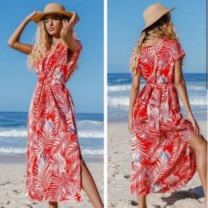 NWOT Cupshe Emmy Leafy Red Cream Blue Satin Faux Wrap Maxi Dress